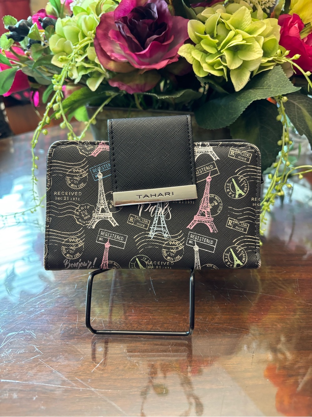 Tahari Black Wallet with Pink & Blue Eiffel Tower Print Vegan Leather